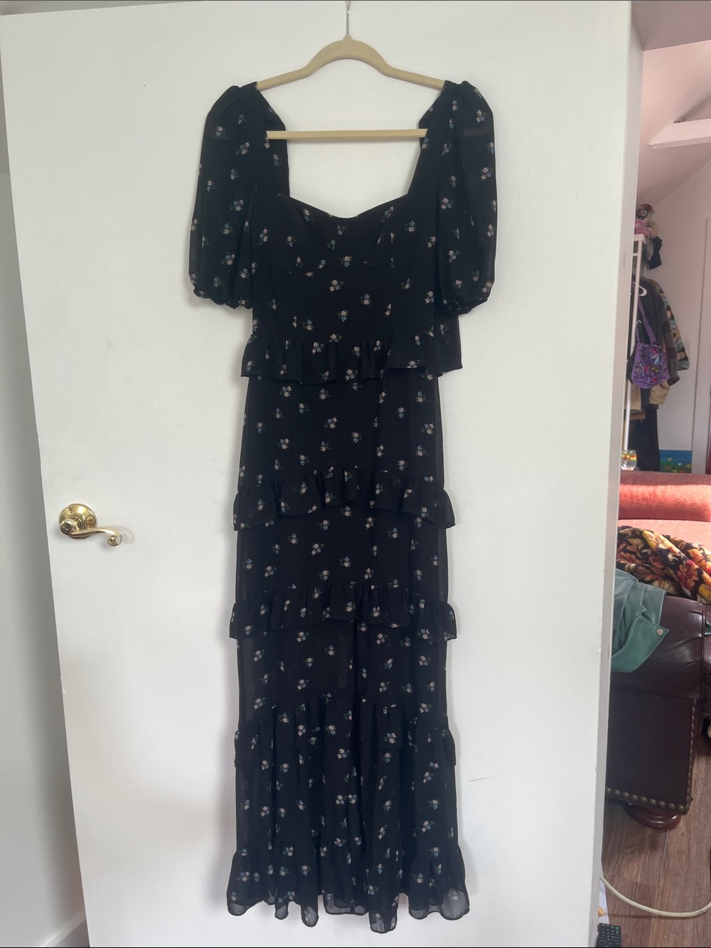 Black Floral Maxi Dress with Puff Sleeves